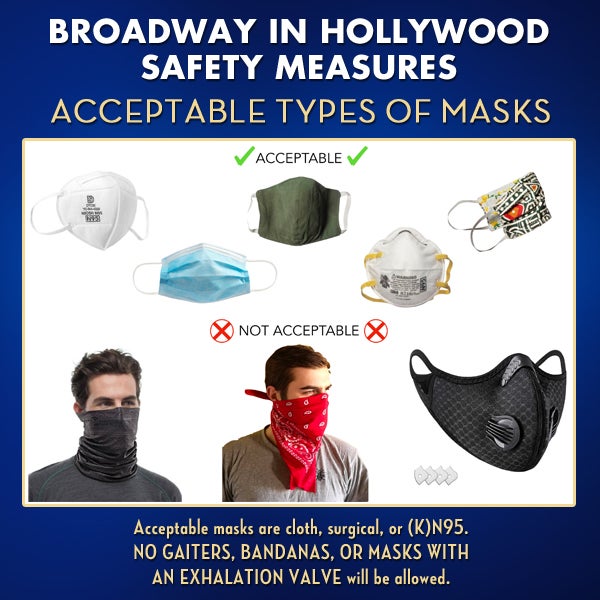 Broadway In Hollywood Safety Measures Acceptable Types of Masks Acceptable masks are cloth, surgical, or (K)N95. No Gaiters, Bandanas or masks with an exhalation valve will be allowed