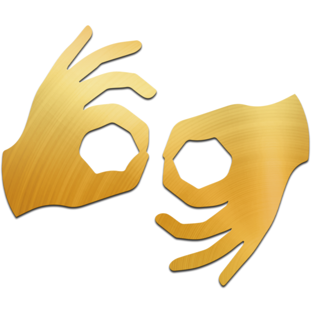 Two golden hands doing sign language.