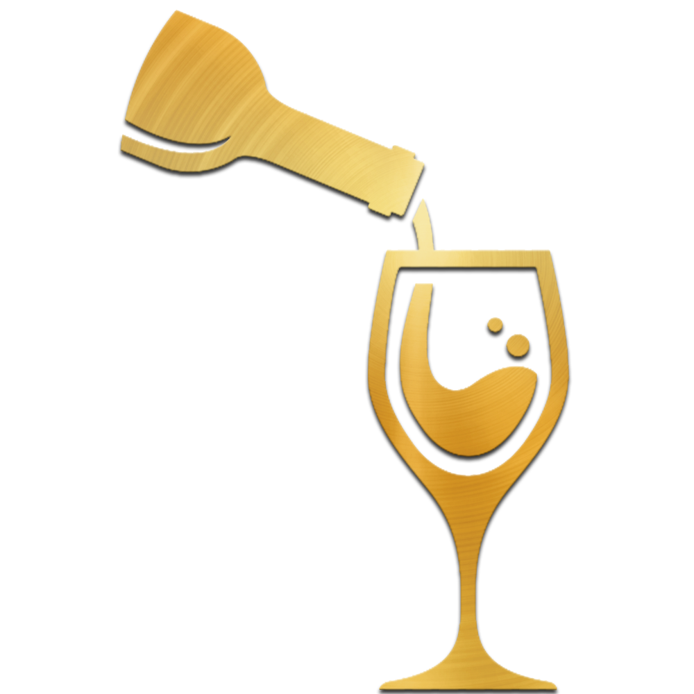 Gold wine bottle pouring into a glass in an art deco style.