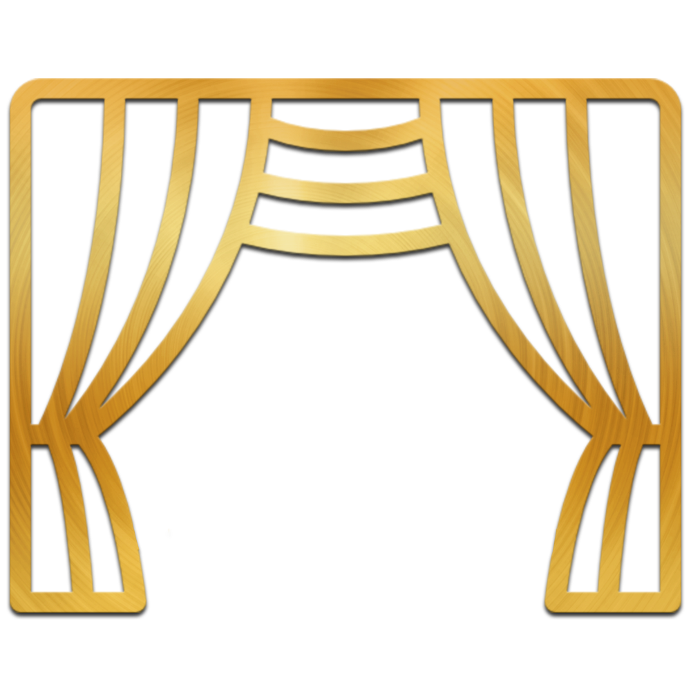 Gold theatre curtains in an art deco style.