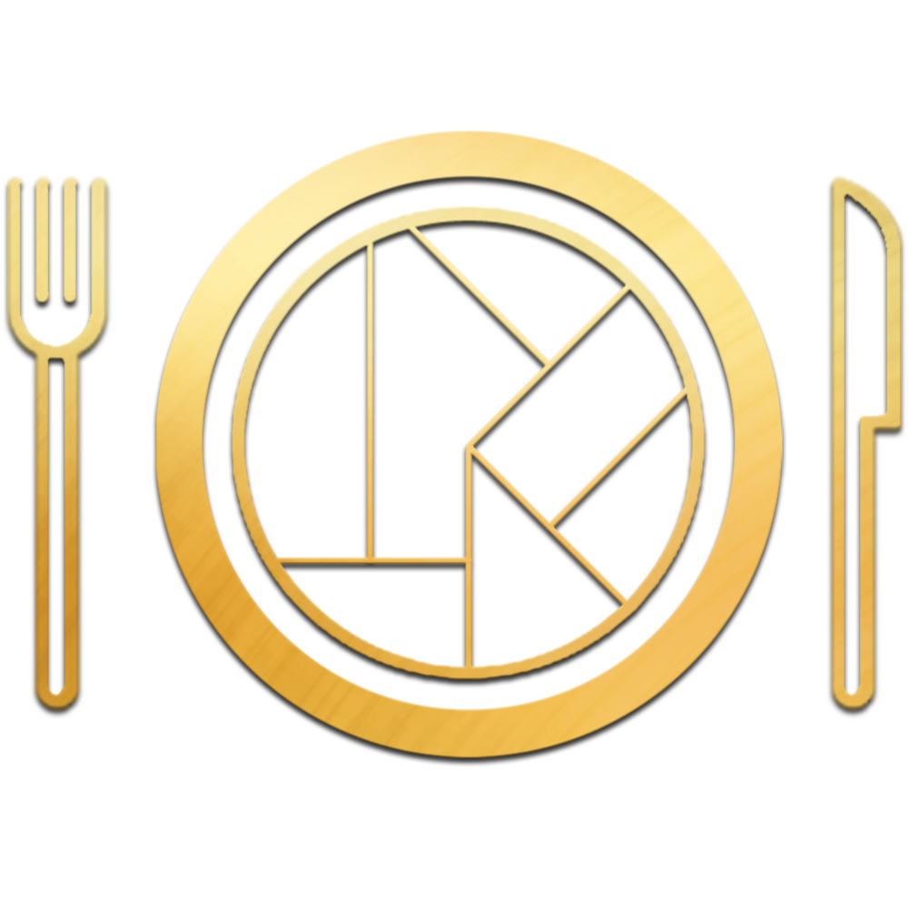 Golden fork, knife and plate in an art deco style.