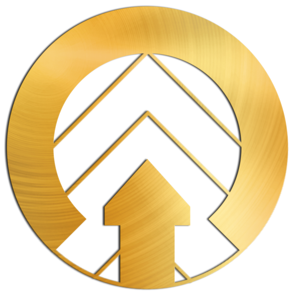 Gold circle with an arrow in the center facing up in an art deco style.