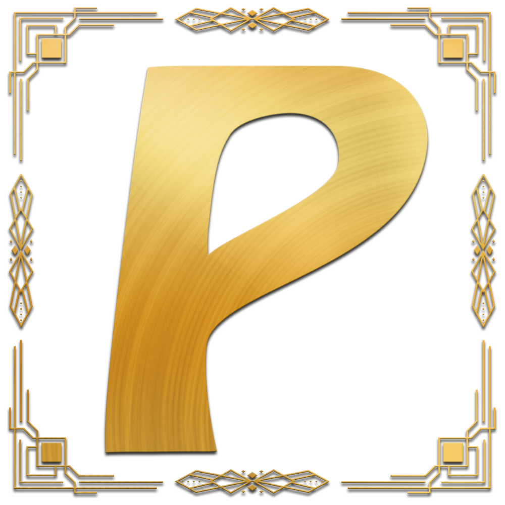 Gold P surrounded by art deco filigree.