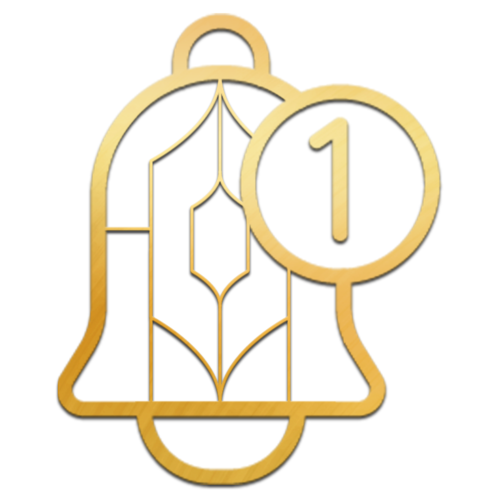 Golden bell icon in an art deco style.