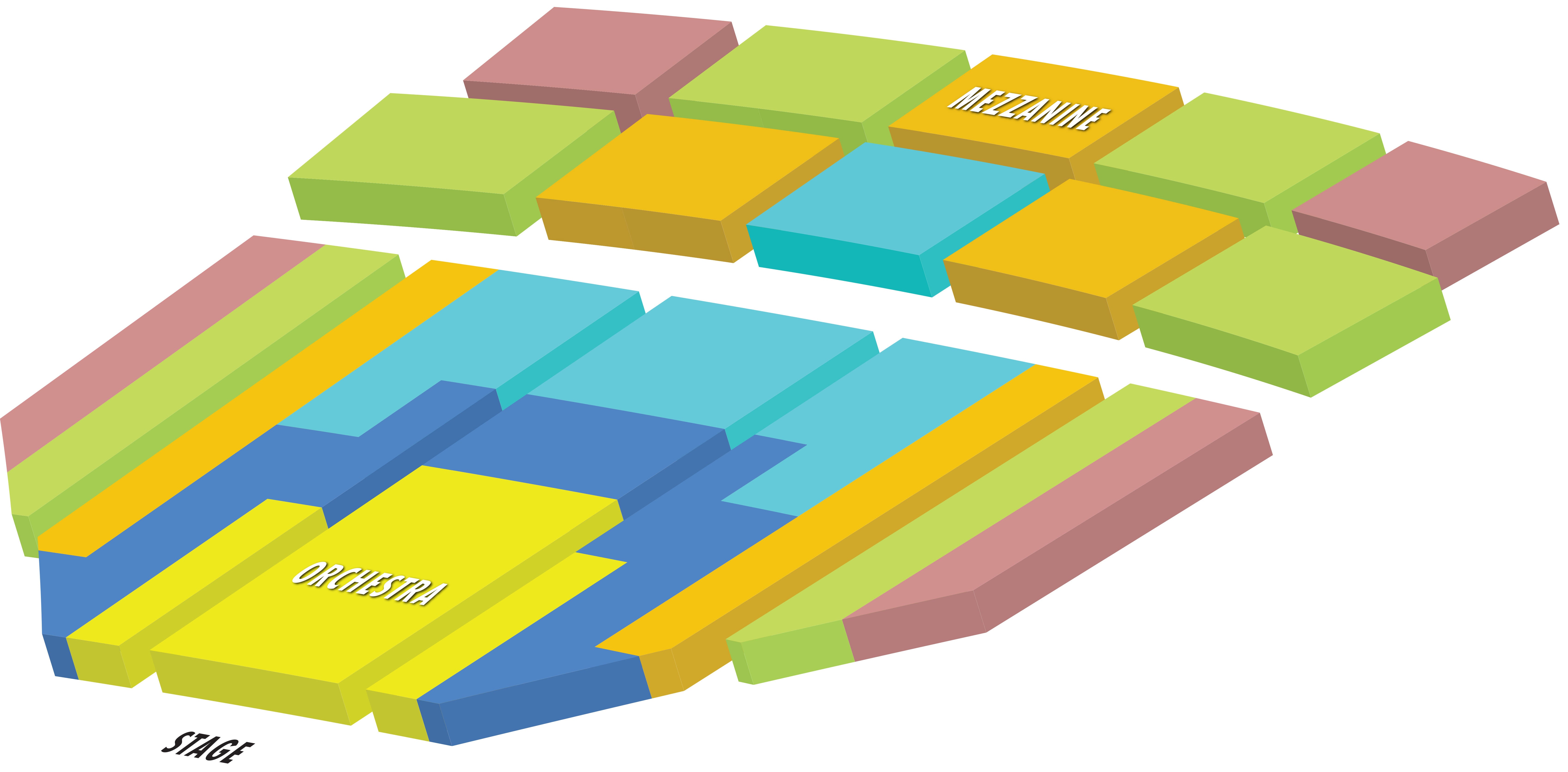 Pantages Theatre Seating Chart: The stage is located in the lower left corner. The orchestra section is located on the ground floor followed by the mezzanine, separated from the orchestra to denote that it is a floor above. The orchestra and mezzanine sections are broken into colored segments based on the prices of season tickets. Price level A is yellow, price level B is dark blue, price level c is light blue, price level D is orange, price level E is green and price level F is pink. The orchestra contains seats in all price levels while the mezzanine contains seats in price ranges C thru F.